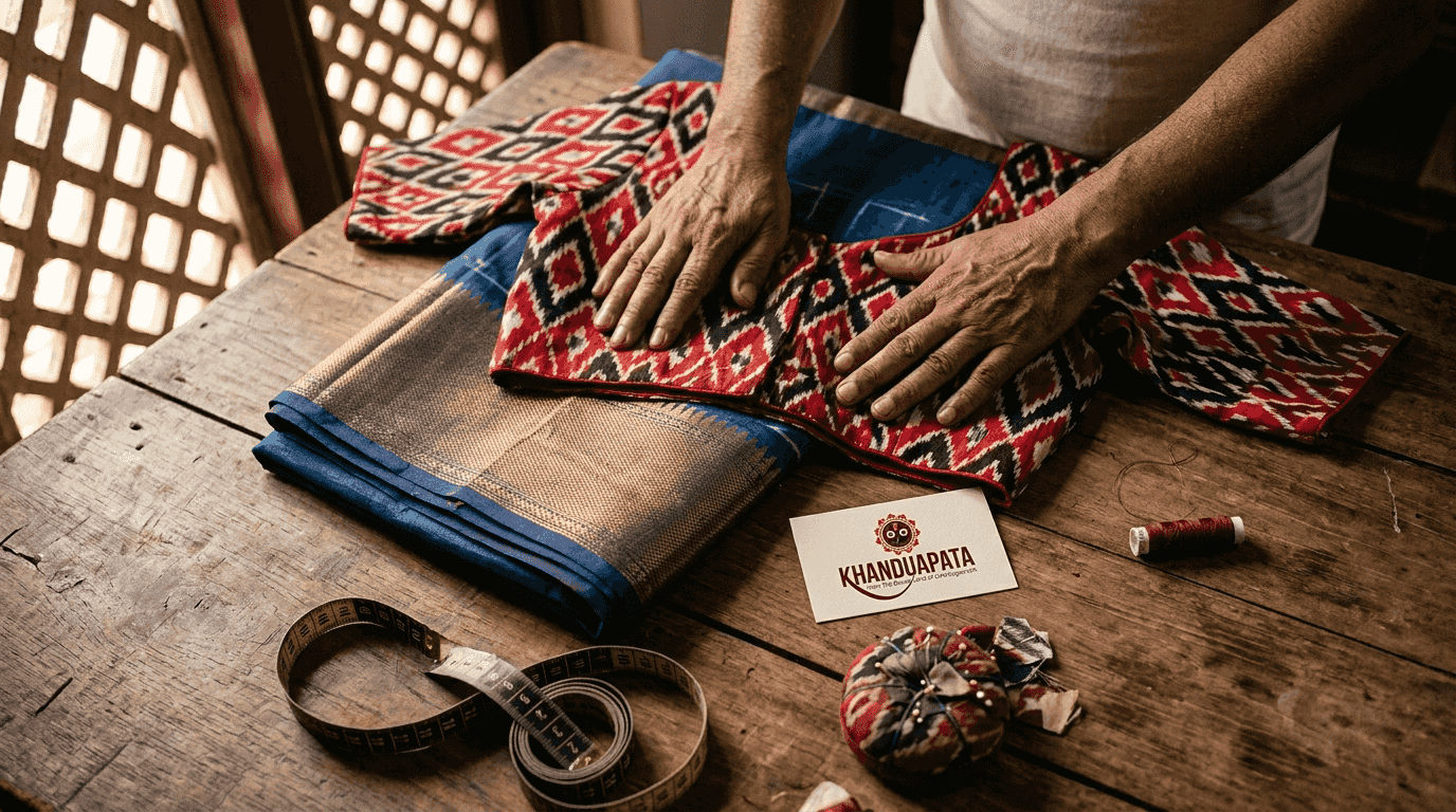 Hands arranging geometric blouse on table