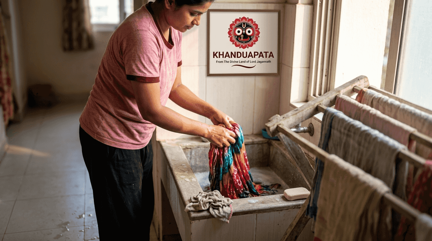 Woman hand washing handloom textile