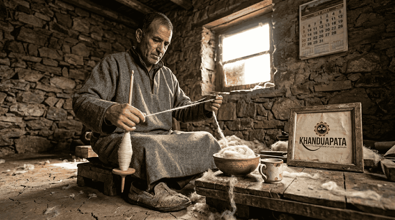 Artisan hand-spinning pashmina wool in workshop