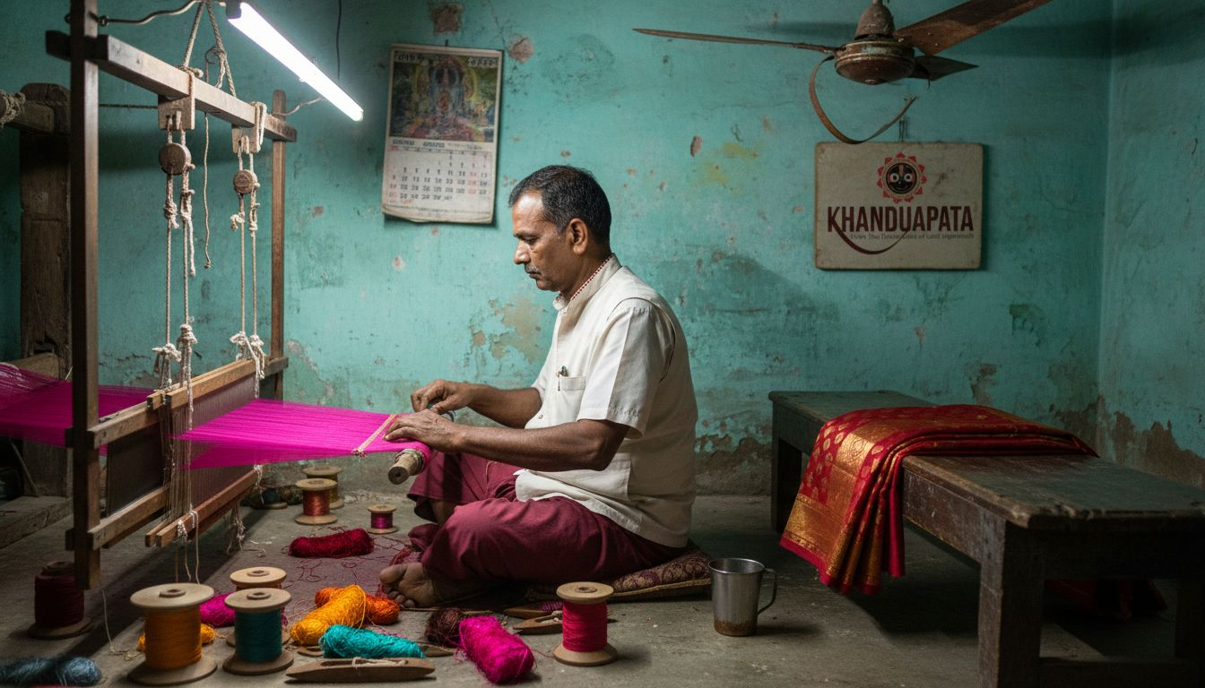 Artisan weaving custom handloom saree at workshop