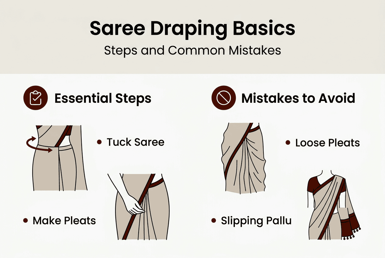 Infographic of saree draping steps and mistakes