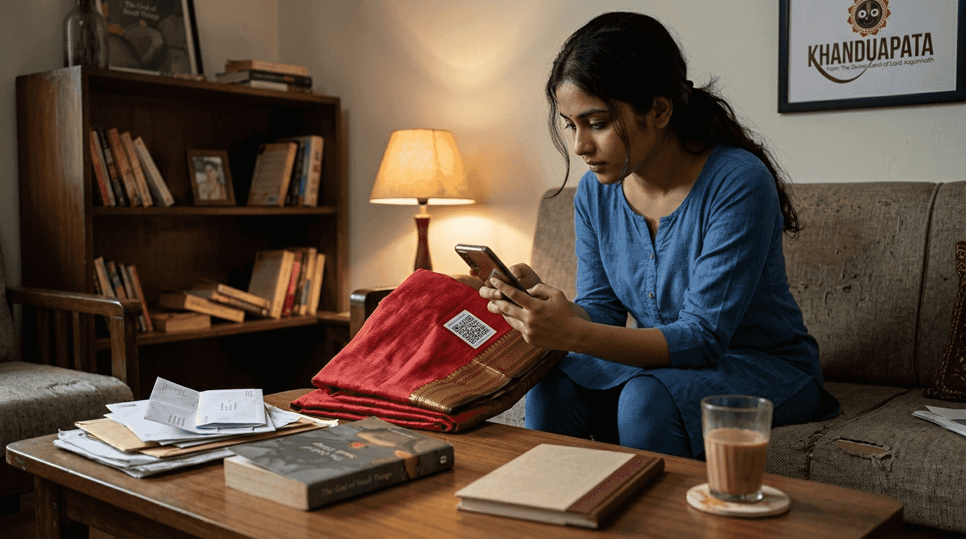 Woman scanning saree QR code for authenticity