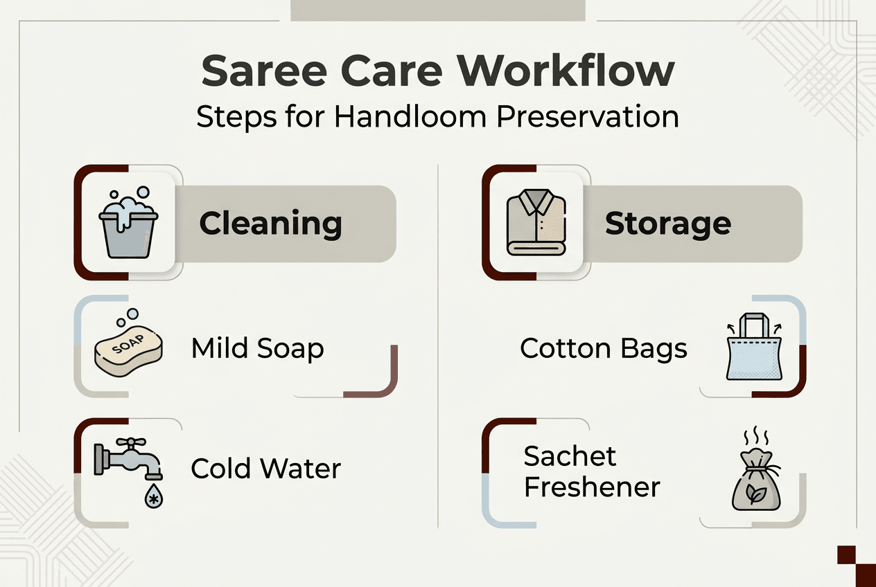 Infographic showing saree care steps and storage