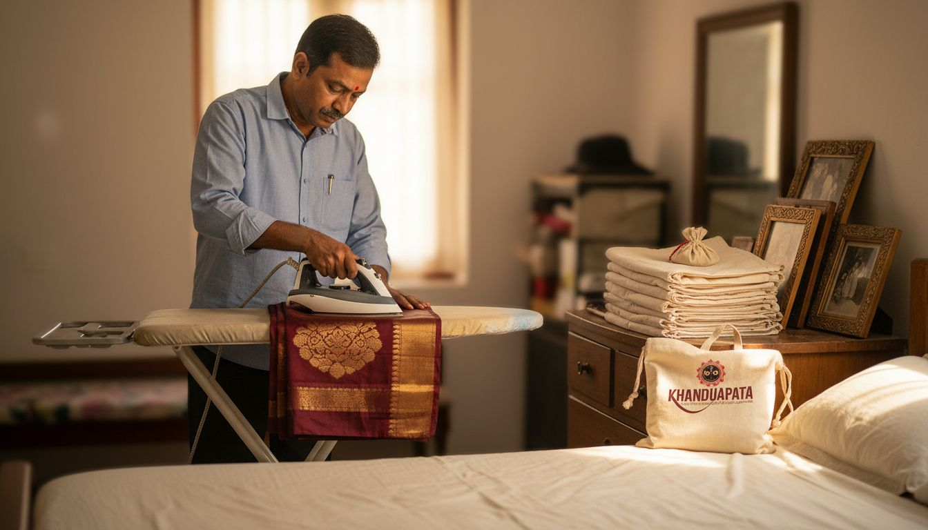 Man ironing silk saree near cotton storage bags