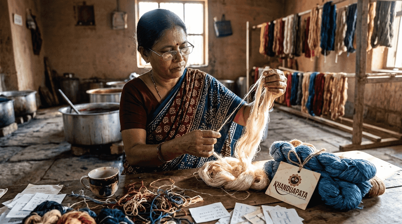 Artisan checks quality of raw silk threads