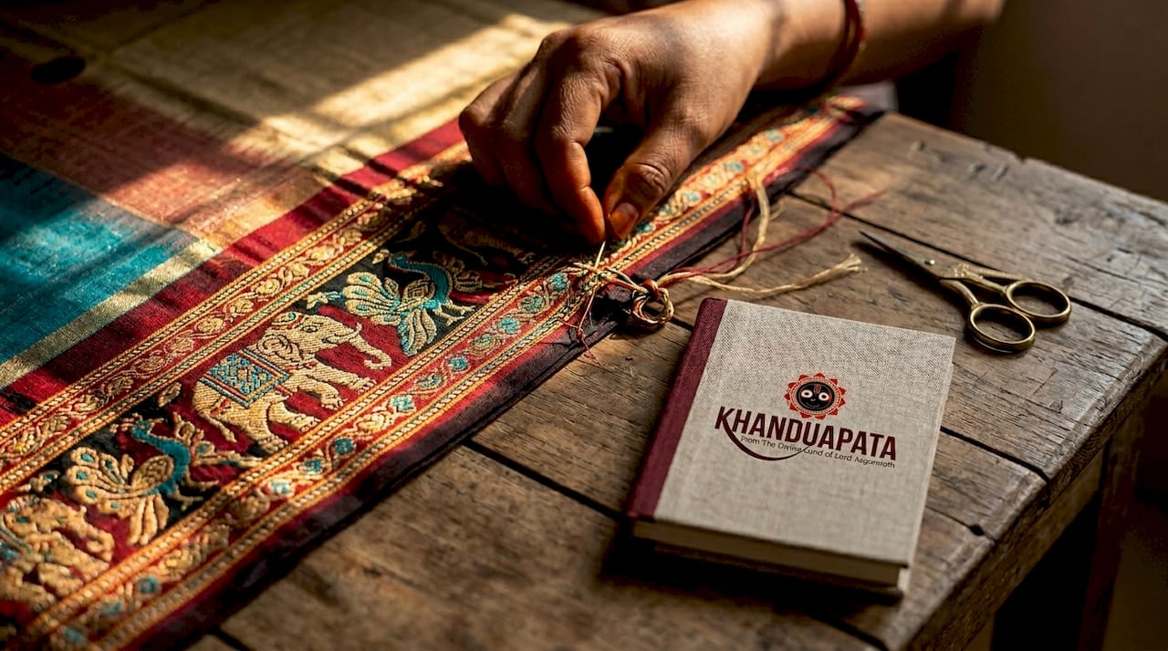 Close-up of khanduapata motif details