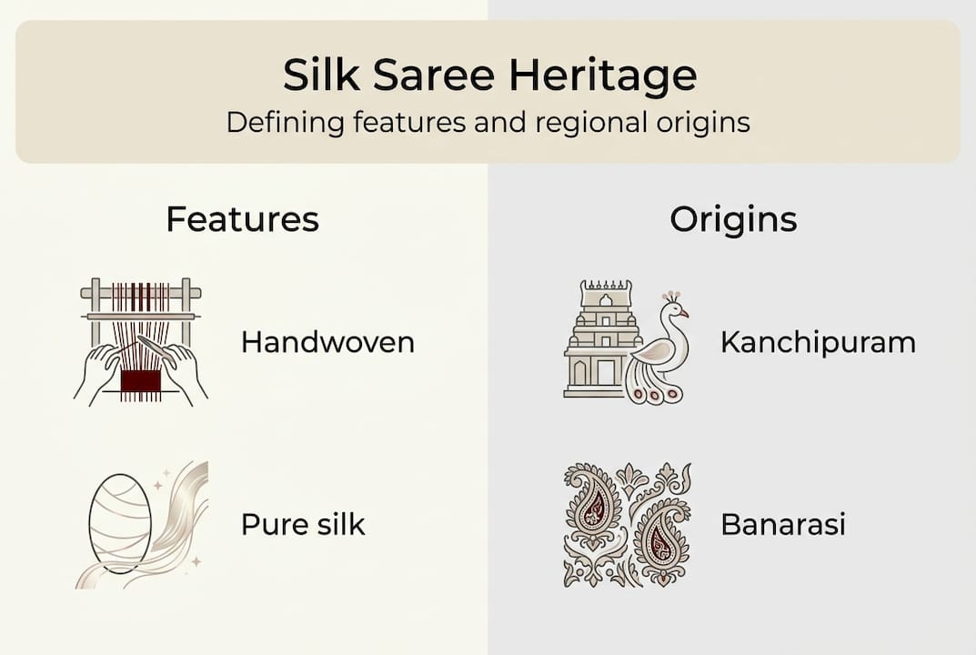 Infographic highlighting silk saree features and origins