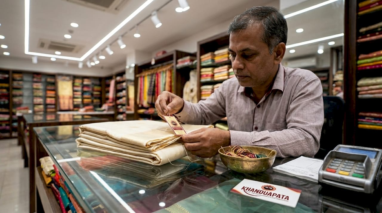 Shop clerk inspects silk saree quality