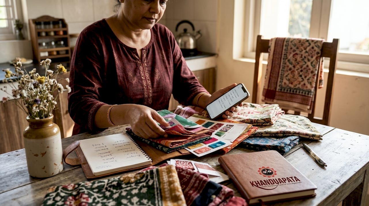 Woman considering saree options in kitchen