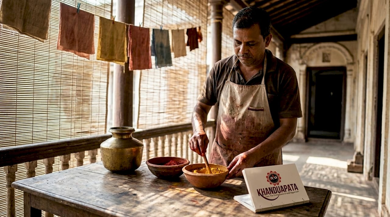 Craftsman mixing natural dyes for Khanduapata