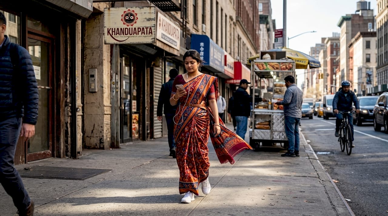 Woman wearing cotton saree and sneakers on city street