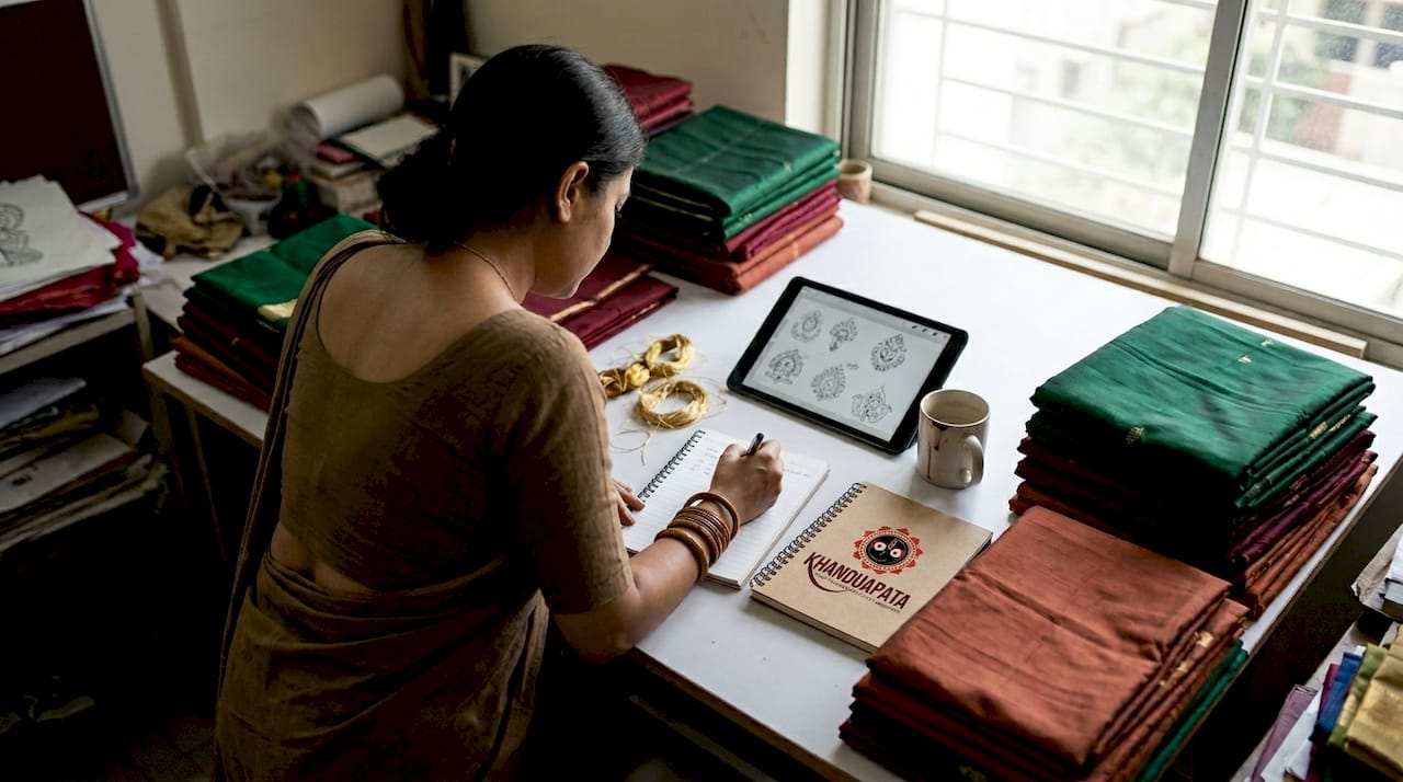 Designer reviewing jewel-toned Kanjivaram sarees