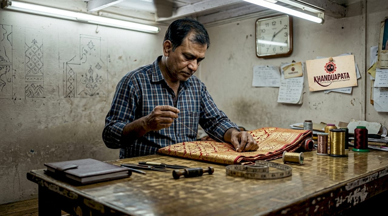 Artisan working on Banarasi silk saree