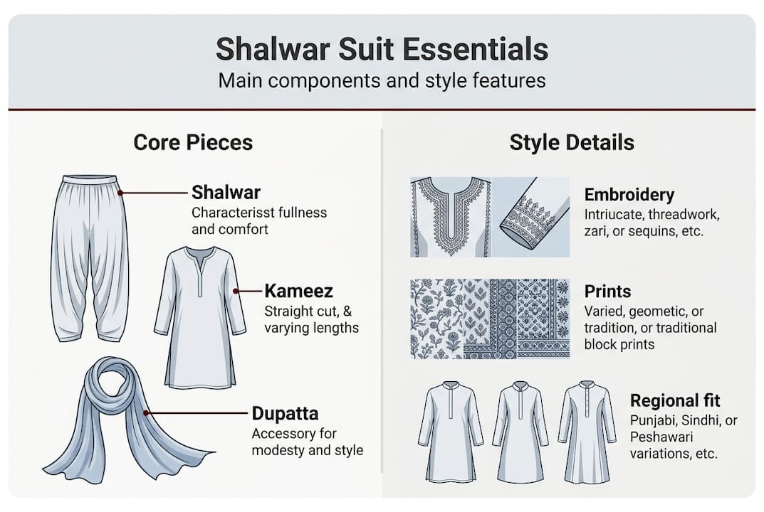 Infographic showing shalwar suit styles and features