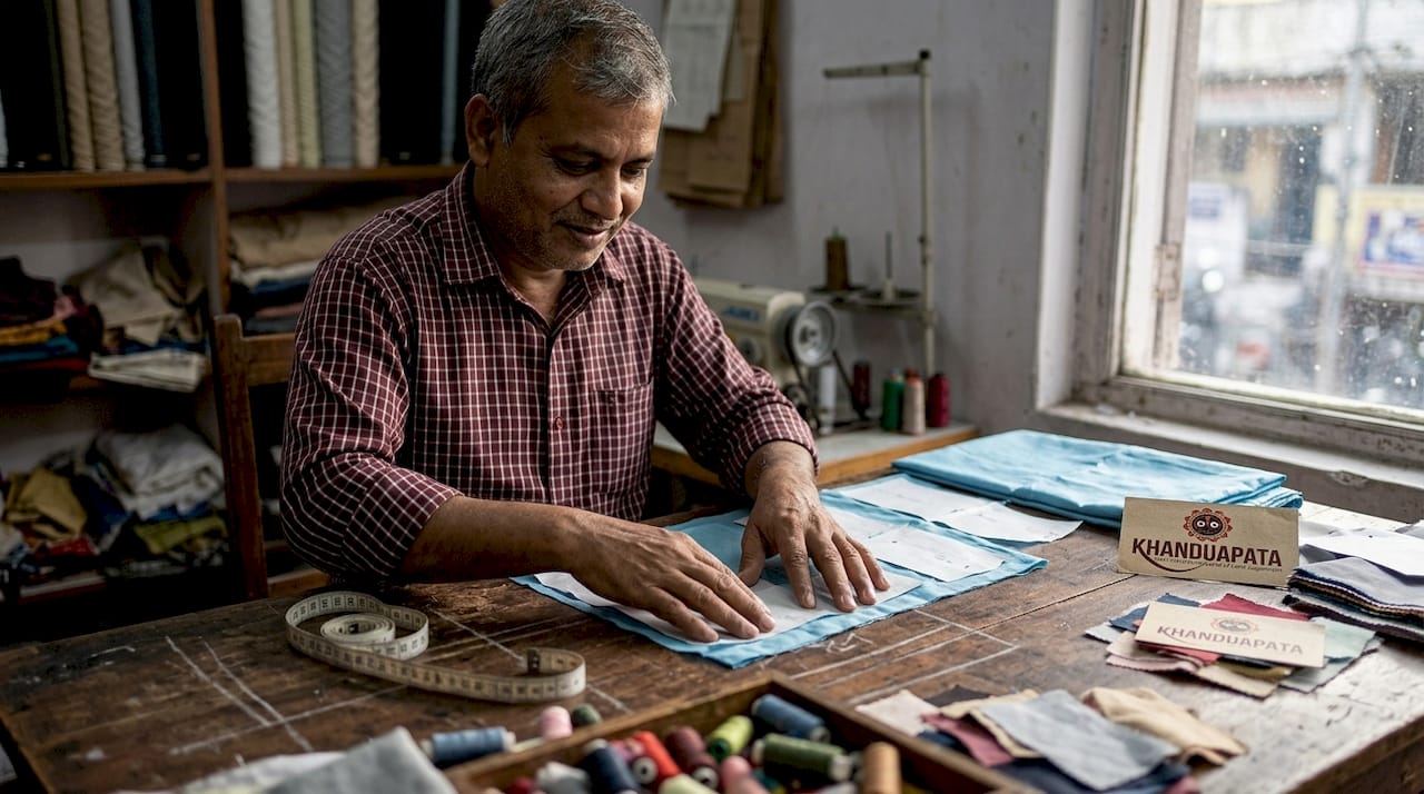 Tailor arranging shalwar suit fabrics