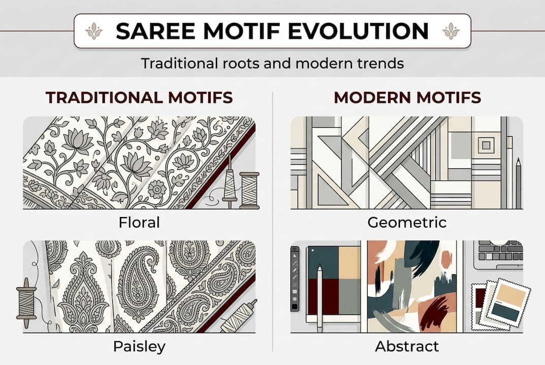 Infographic comparing traditional and modern saree motifs