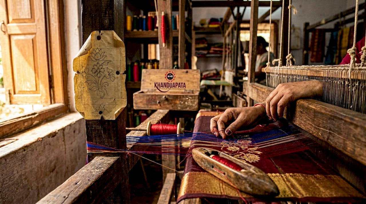 Weaver’s hands creating floral saree motif