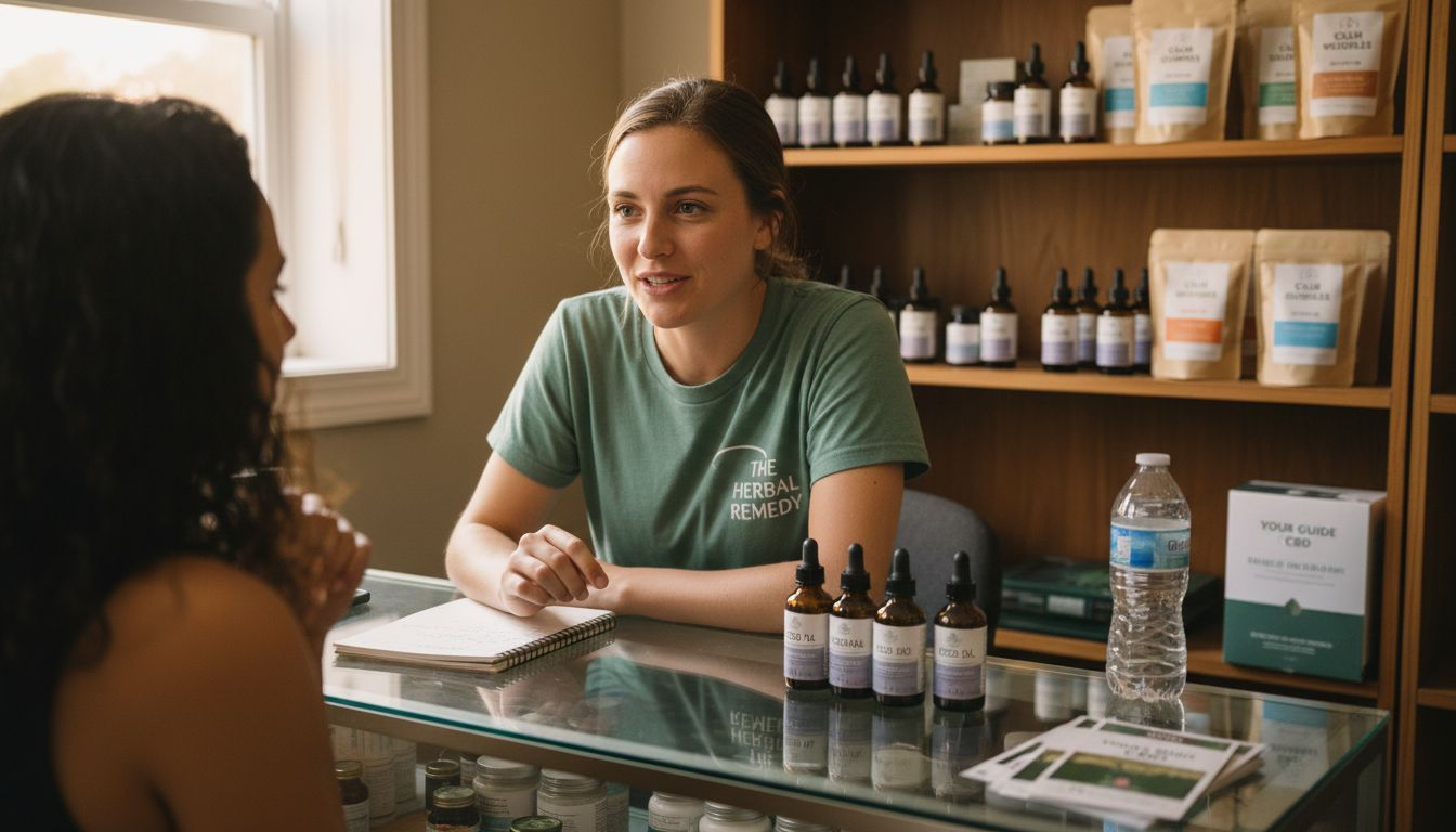 Budtender consults with customer about CBD product