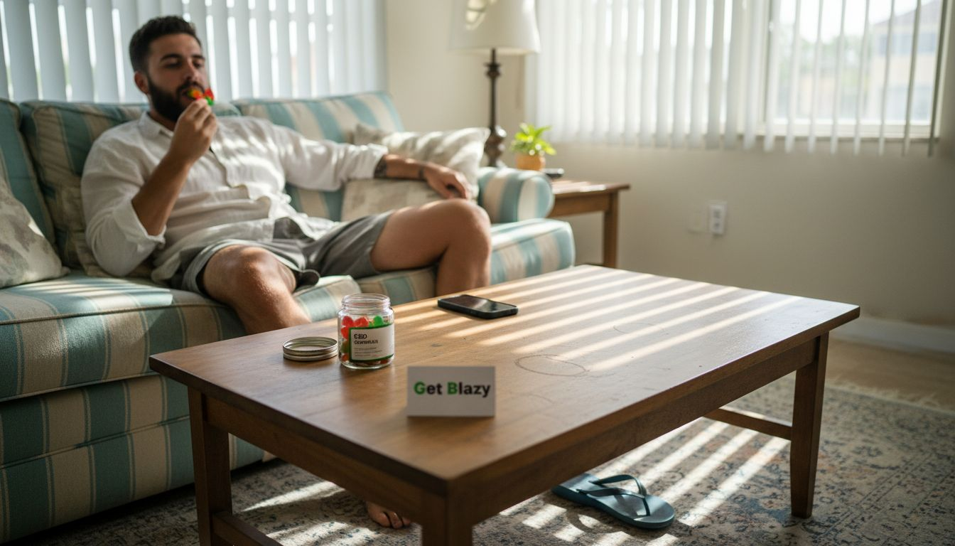 Man relaxing with CBD gummies at home