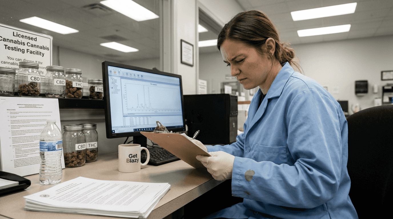 Lab technician checking THC cannabis report