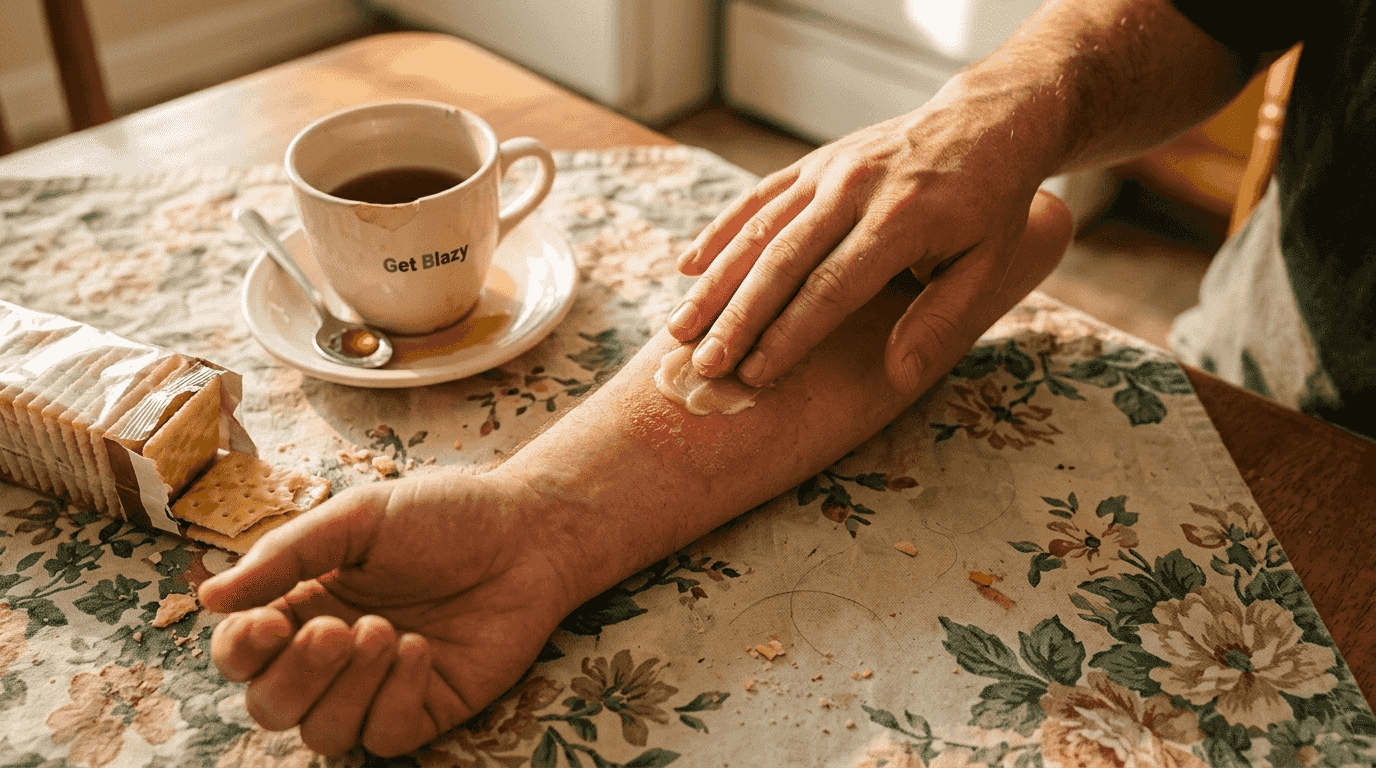 Hand applying CBD balm to skin closeup