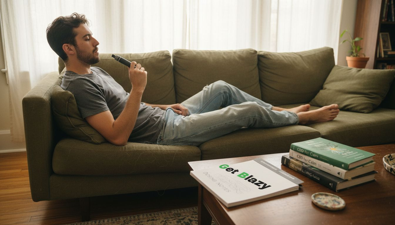 Man using CBD vape with controlled inhalation