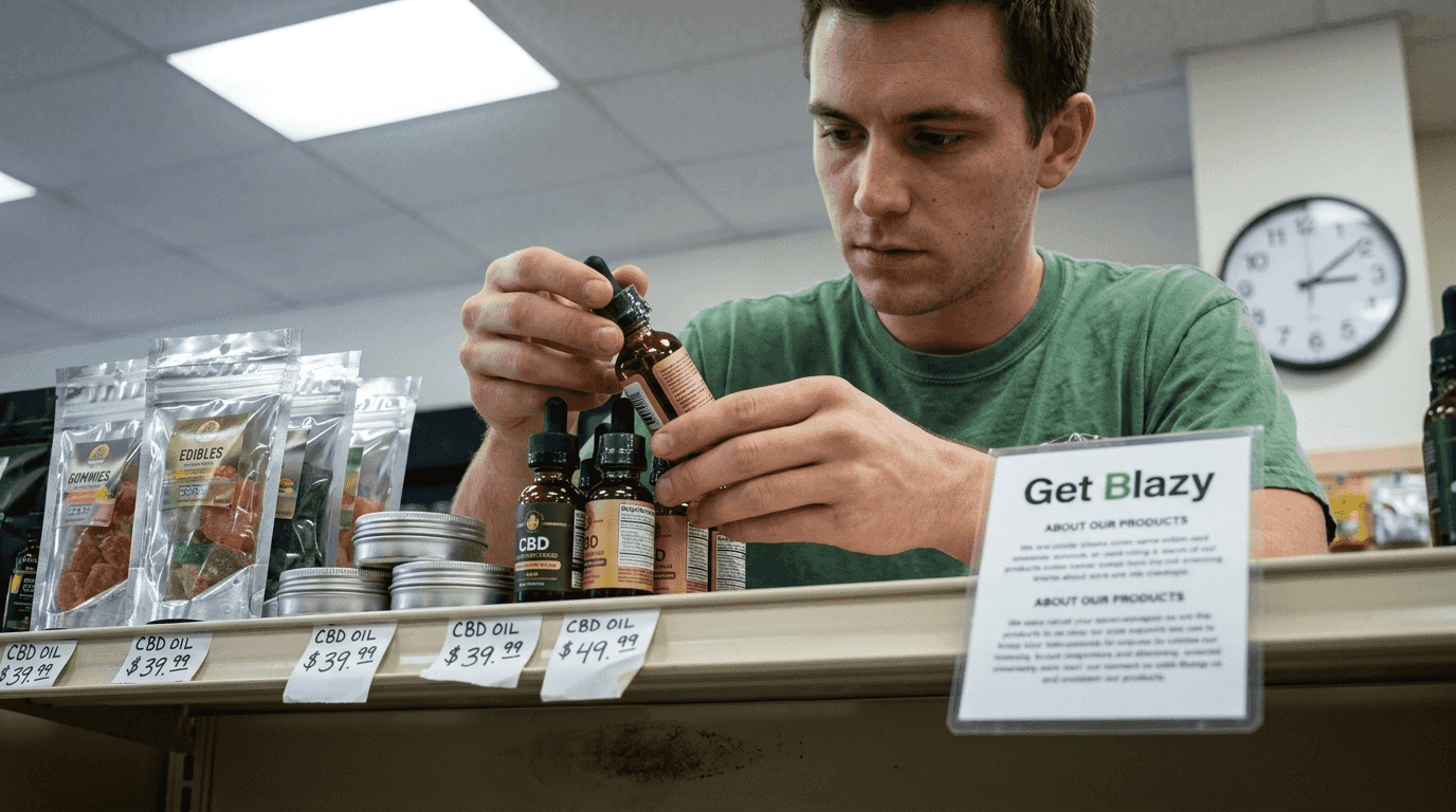 Man reading CBD product labels in store