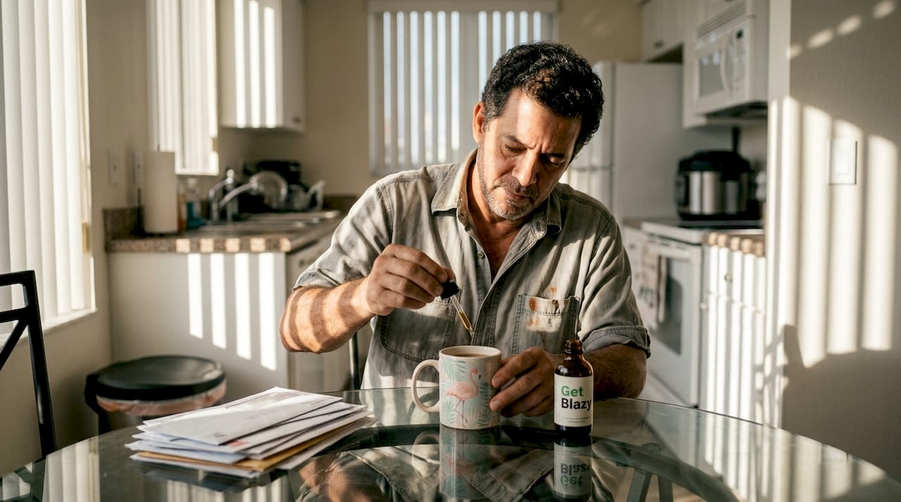 Man using CBD tincture in Miami kitchen