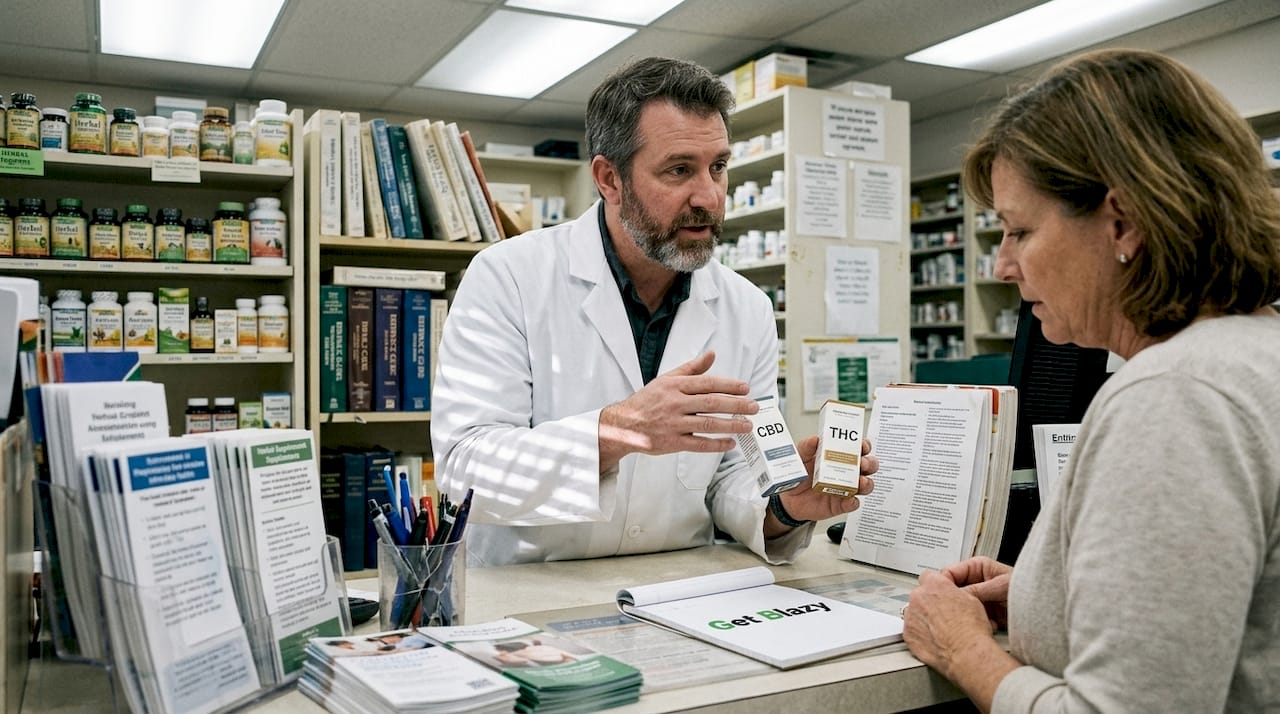 Pharmacist explains CBD and THC products to customer