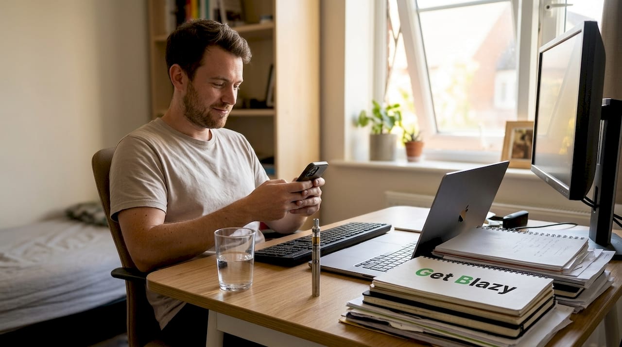 Man with CBD vape pen at home desk