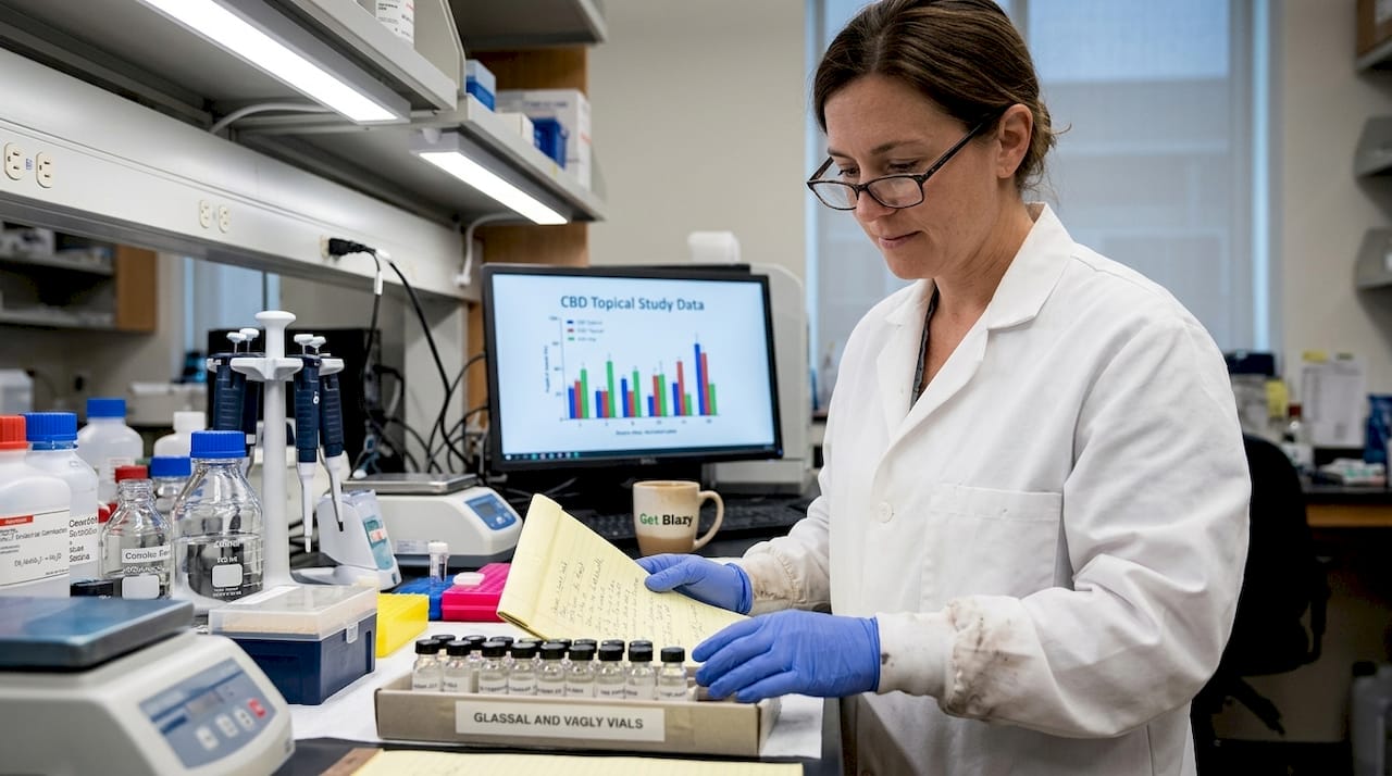 Scientist reviewing CBD research notes in lab