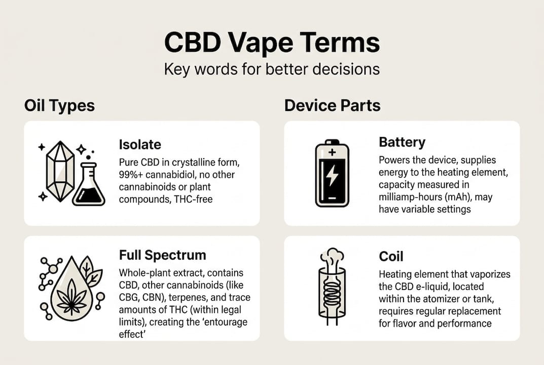 Infographic listing CBD vape oil types and device parts