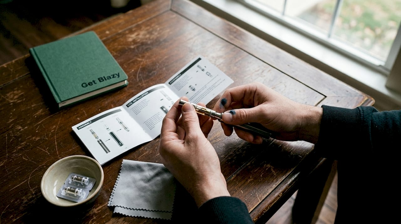 Hands assembling CBD vape device parts