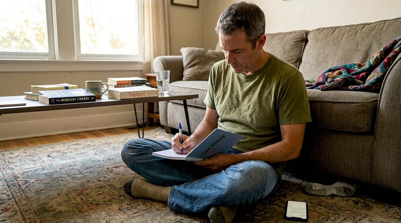 Man logging CBD routine in wellness journal