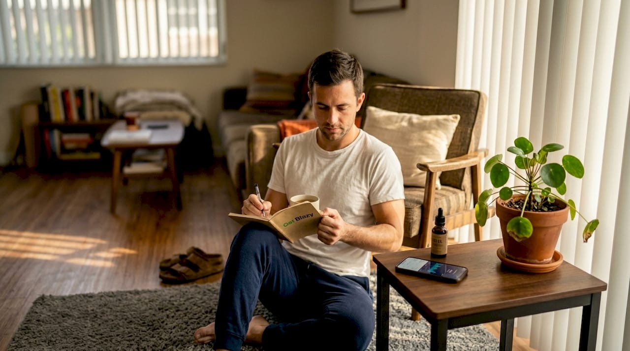 Man journaling during CBD oil routine