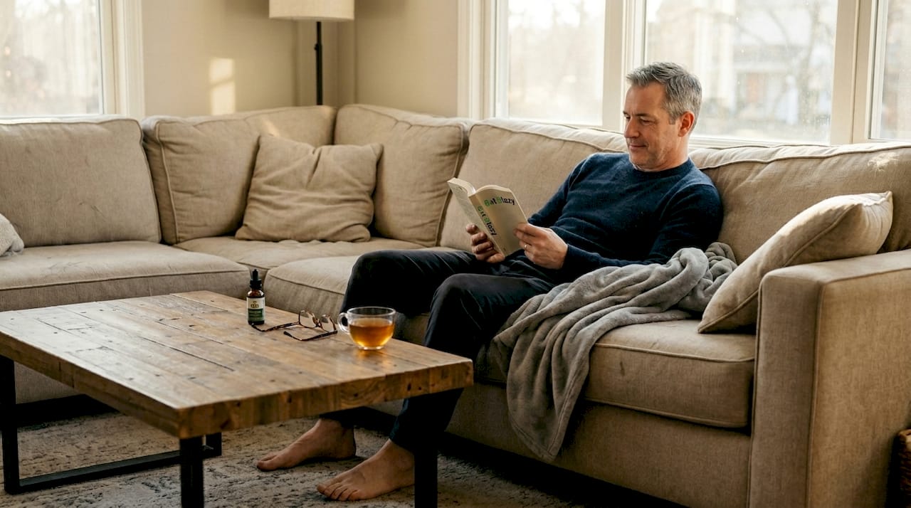 Man relaxing with book and CBD tincture