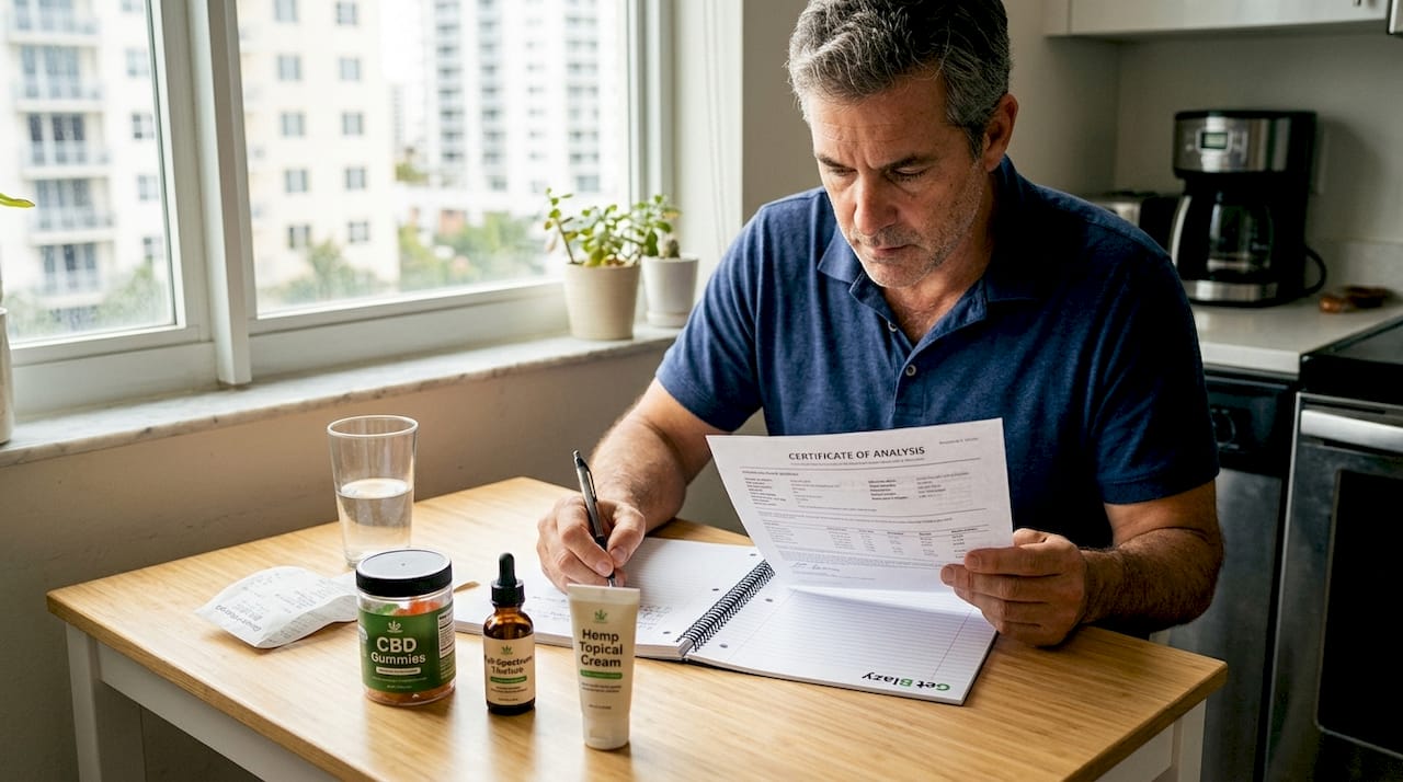 Man reviewing hemp product samples in kitchen