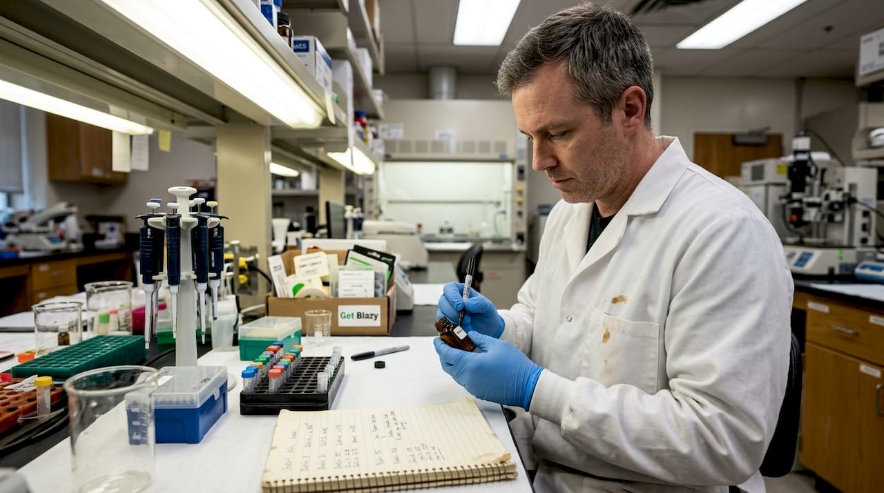 Lab technician labeling CBD test sample vial