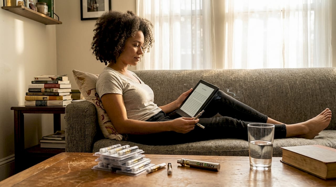 Woman using cartridge-based CBD vape on couch