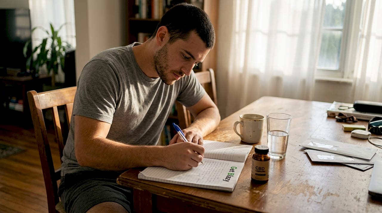 Man journaling CBD effects at dining table