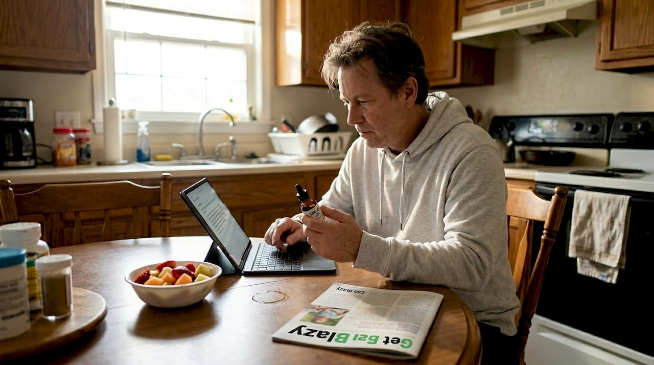 Man researching CBD science in kitchen