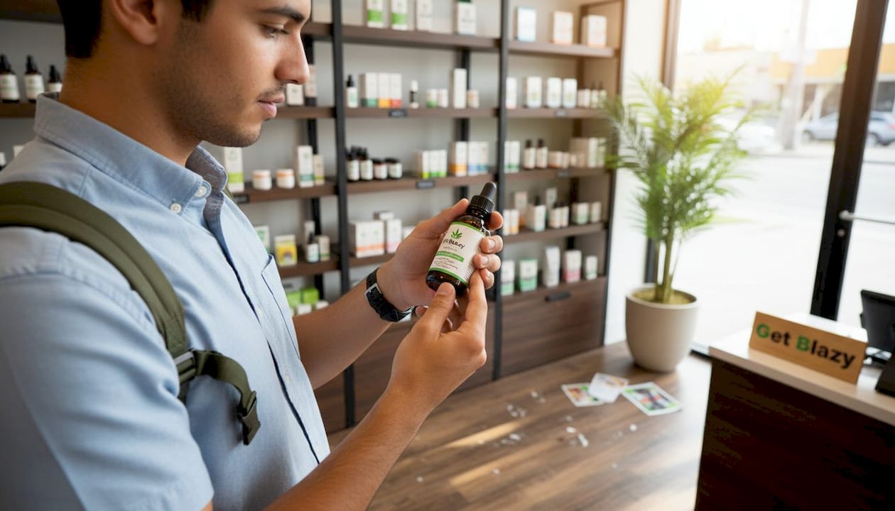 Customer inspecting CBD tincture bottle label