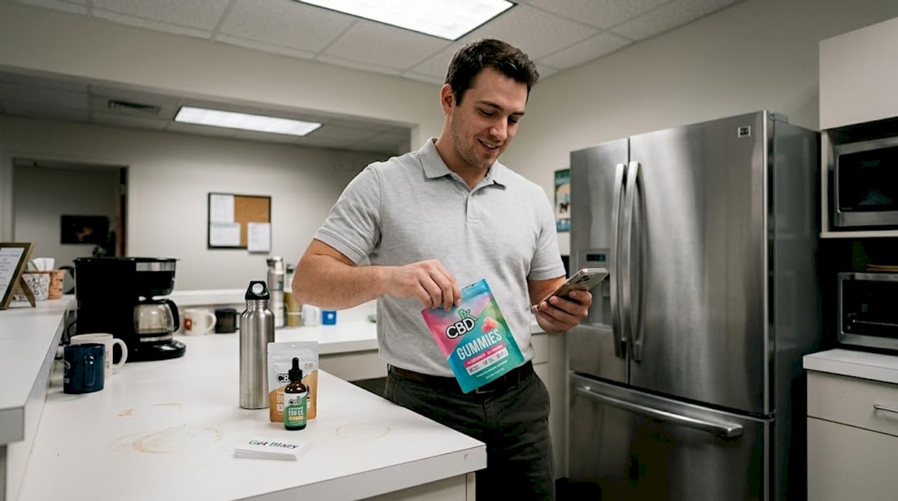 Worker opening CBD gummies in office kitchen