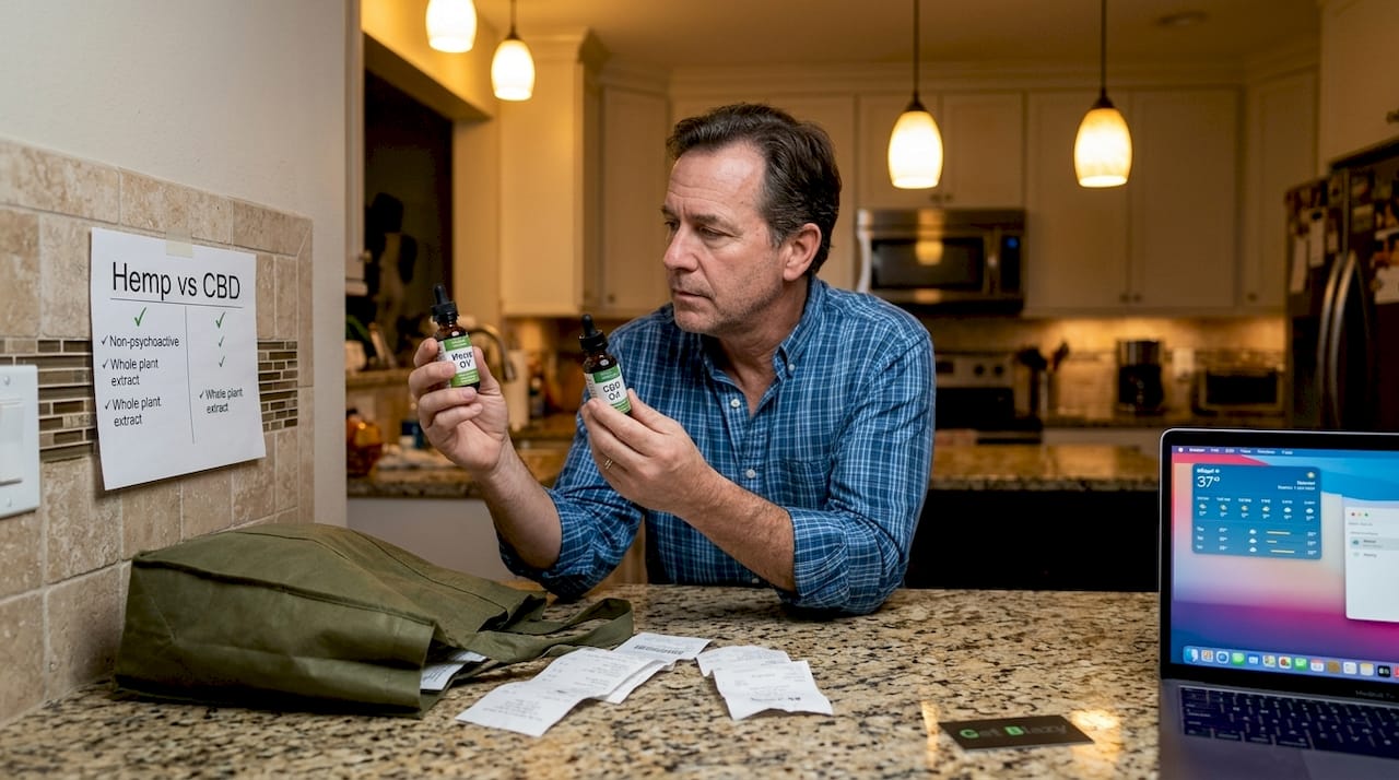 Man comparing hemp and CBD oil products