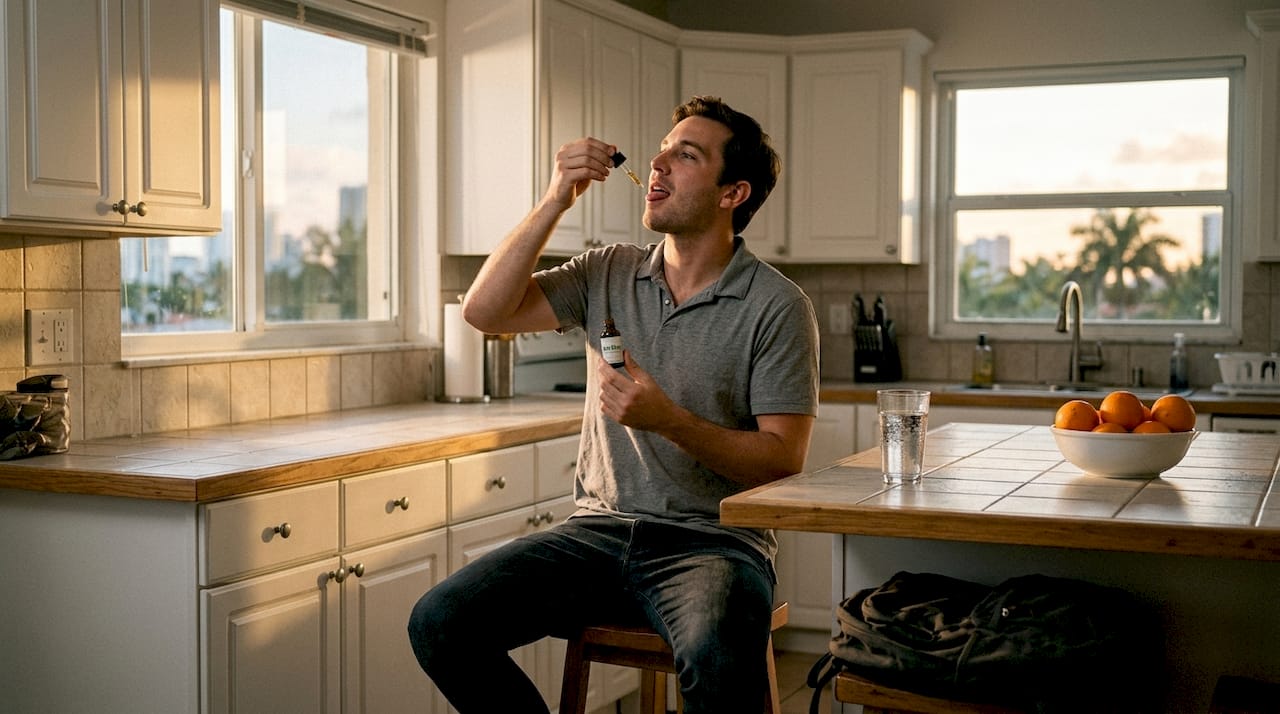Man using CBD oil in Miami kitchen