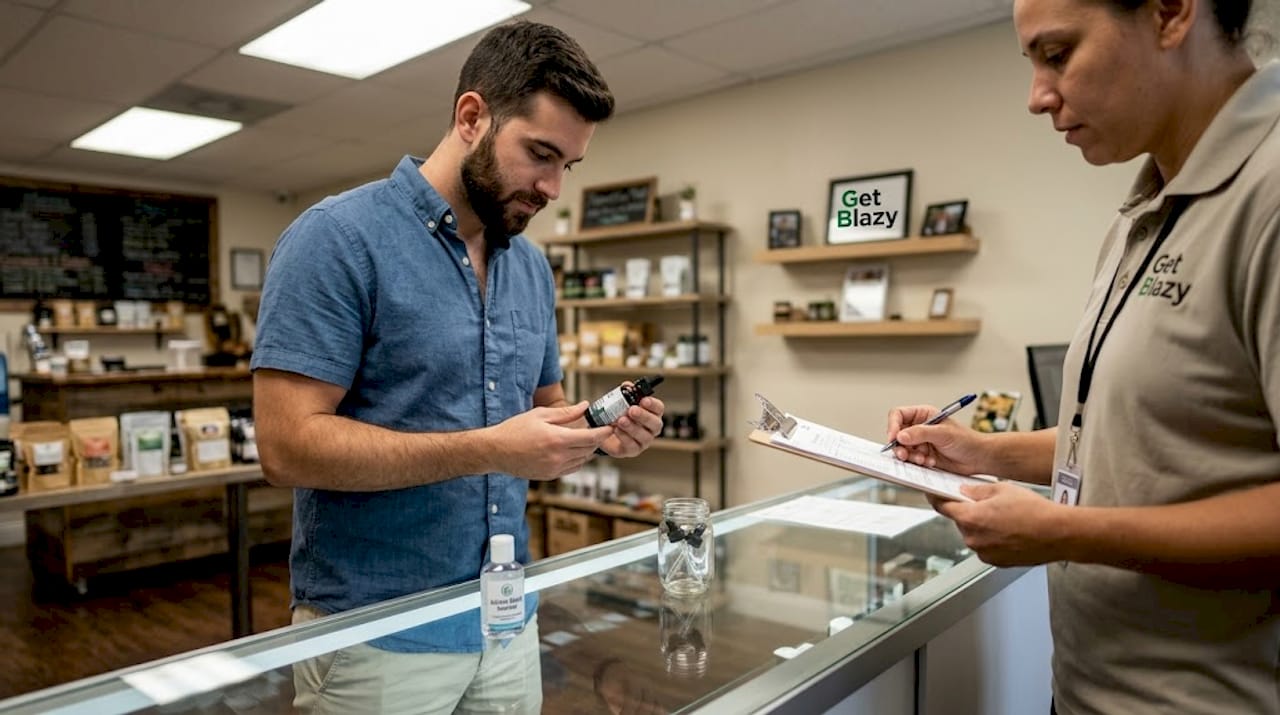 Customer checks CBD tincture label at dispensary