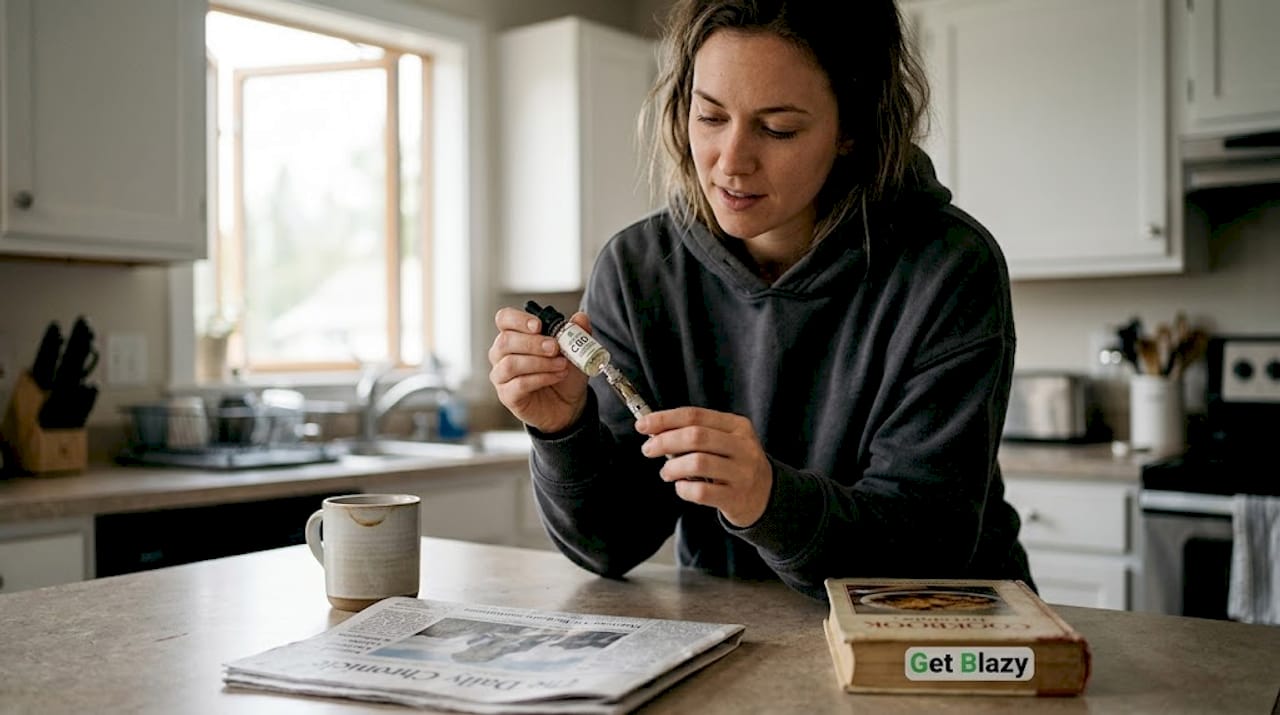 Woman preparing CBD vape pen in kitchen