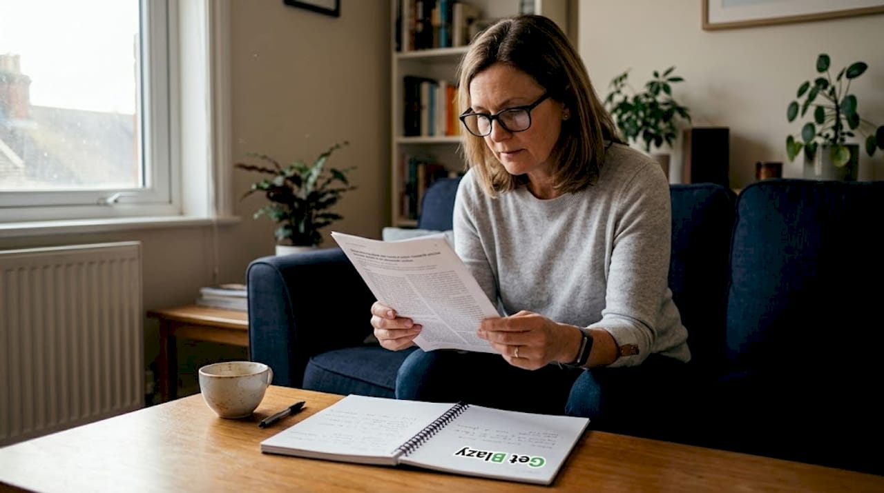 Woman reading CBD research article on sofa