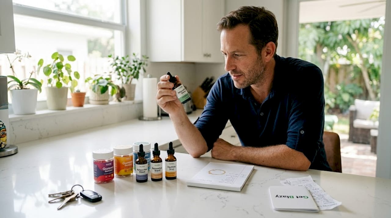 Man examining broad-spectrum CBD bottles in kitchen