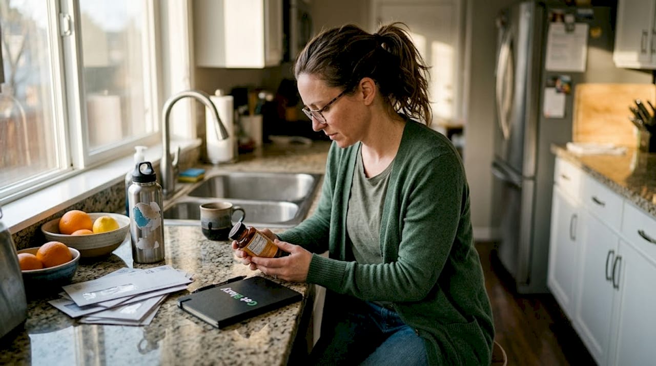 Woman reviewing CBD supplement label at counter